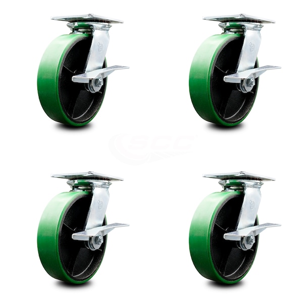 8 Inch Green Poly on Cast Iron Caster Set with Roller Bearing and Brake SCC